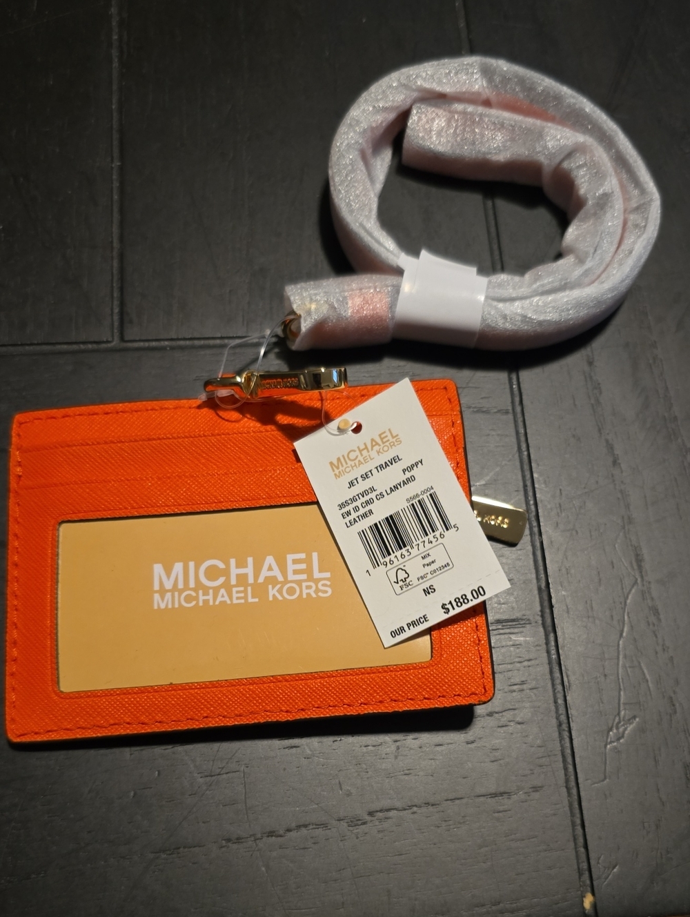 NWT Coral Orange Jet Set ID Card Leather Holder with Lanyard and Gold Hardware